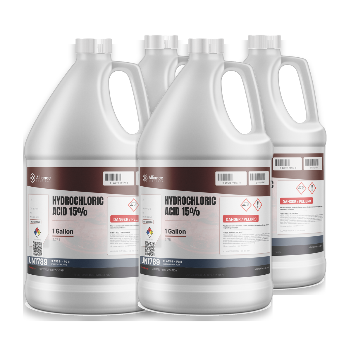 Hydrochloric Acid 15% Technical Grade in four 1-gallon jugs from Alliance Chemical