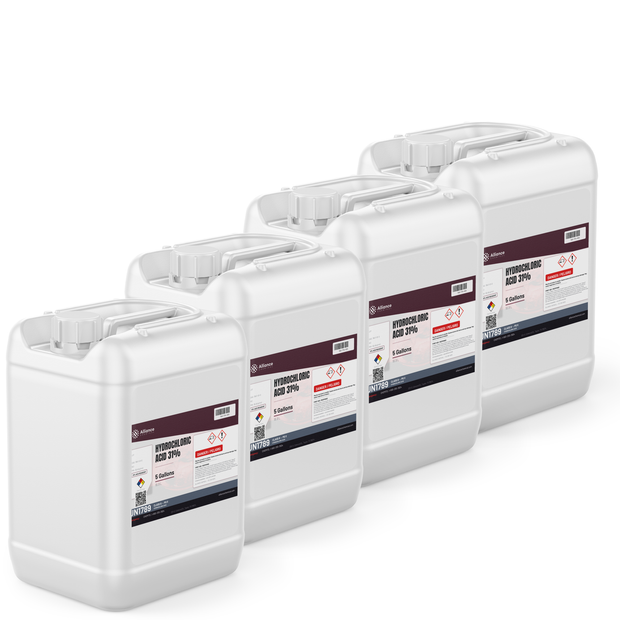 Hydrochloric Acid 31% ACS Grade in four 5-gallon white plastic jerry cans, Alliance Chemical