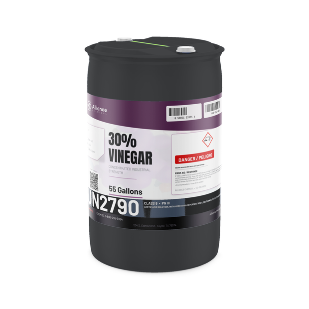30% technical grade vinegar in a black 55-gallon poly drum with bung closures, Alliance Chemical