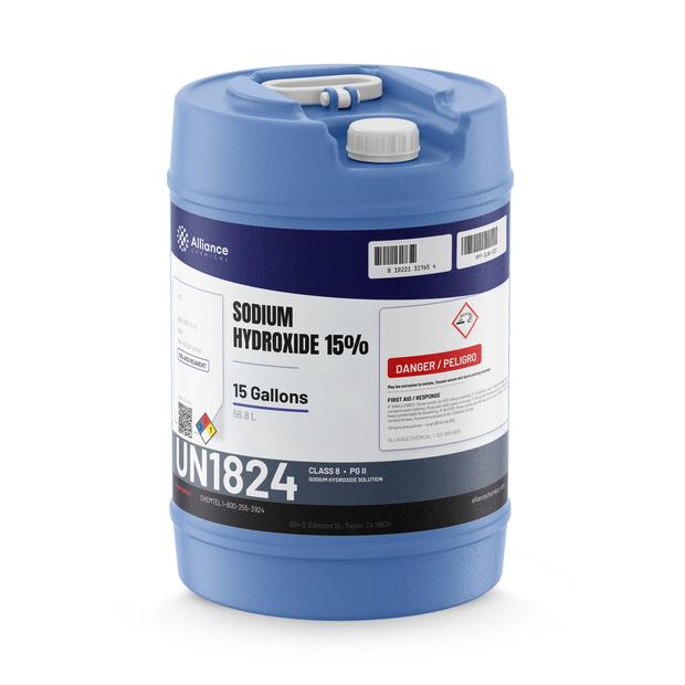 Sodium hydroxide 15% ACS reagent grade in a blue 15-gallon carboy, Alliance Chemical
