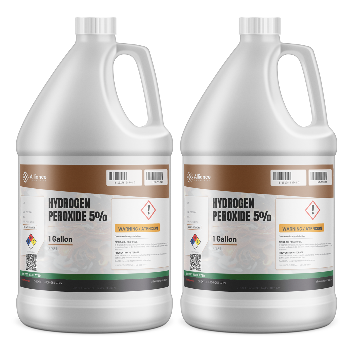 Hydrogen Peroxide 5% ACS Grade in two 1-gallon plastic jugs, Alliance Chemical for laboratory oxidation and titrations