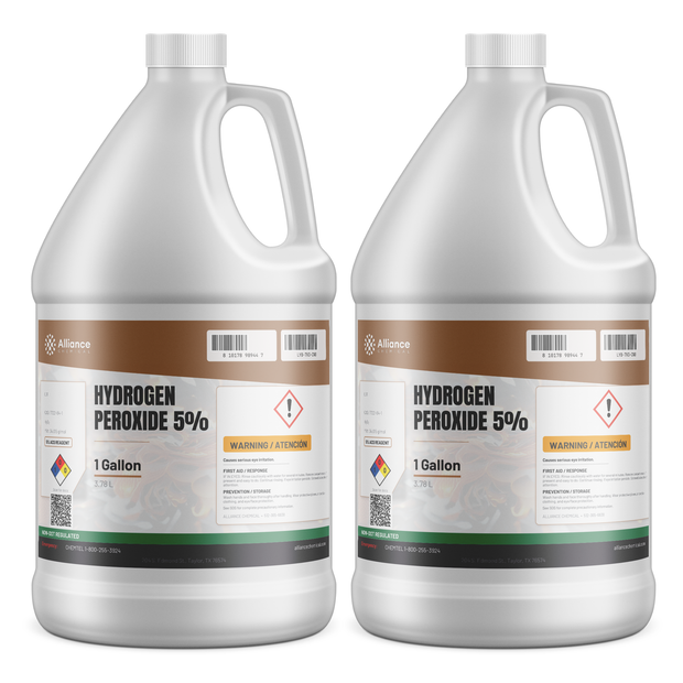 Hydrogen Peroxide 5% ACS Grade in two 1-gallon plastic jugs, Alliance Chemical for laboratory oxidation and titrations
