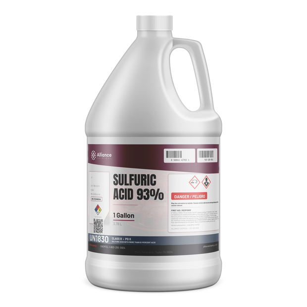 Sulfuric Acid 93% Technical Grade in a white 1-gallon plastic jug, Alliance Chemical for metal pickling and pH adjustment