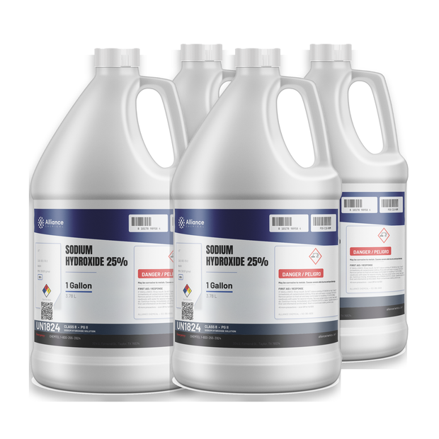 Sodium Hydroxide 25% Technical Grade in four 1-gallon jugs for wastewater neutralization, Alliance Chemical