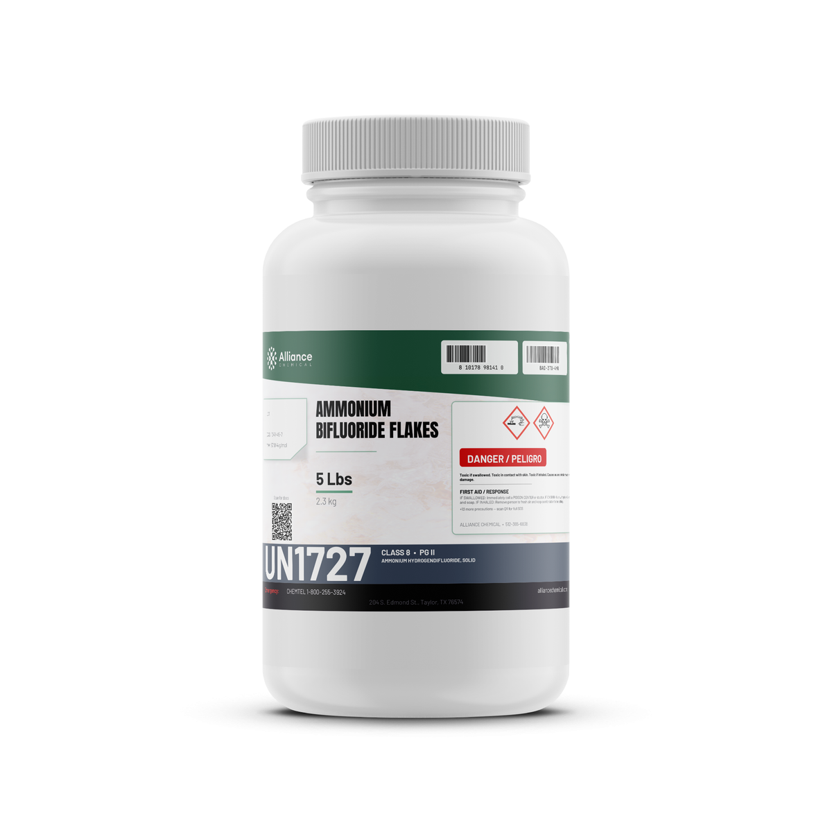 Technical grade Ammonium Bifluoride Flakes in a 5 lb plastic bottle for metal surface etching, Alliance Chemical
