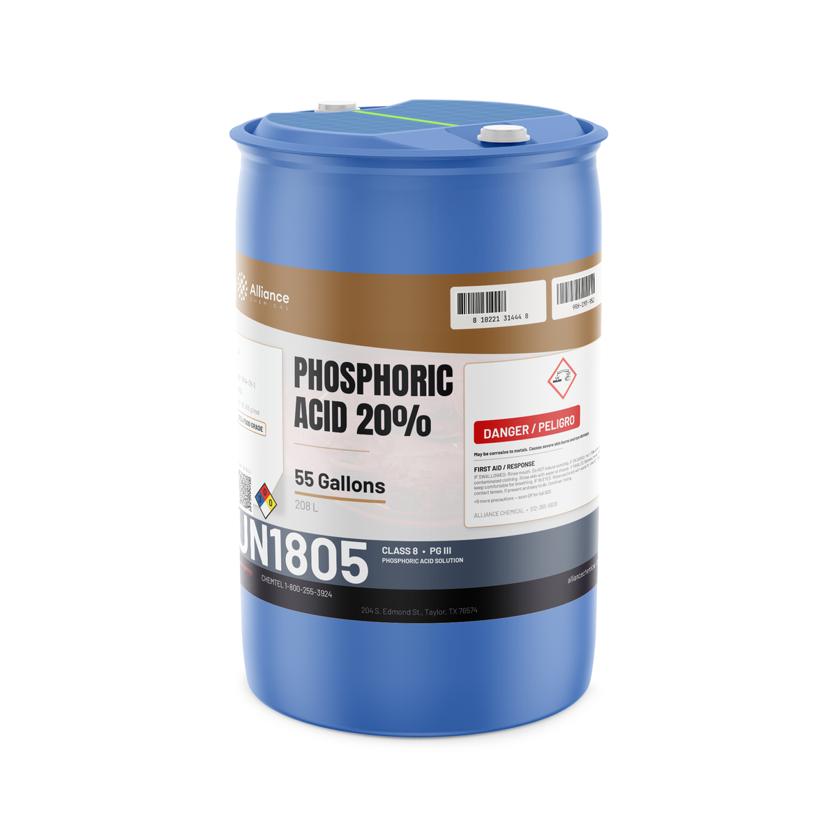 Phosphoric Acid 20% Food Grade in a blue 55-gallon drum for food and beverage processing, Alliance Chemical