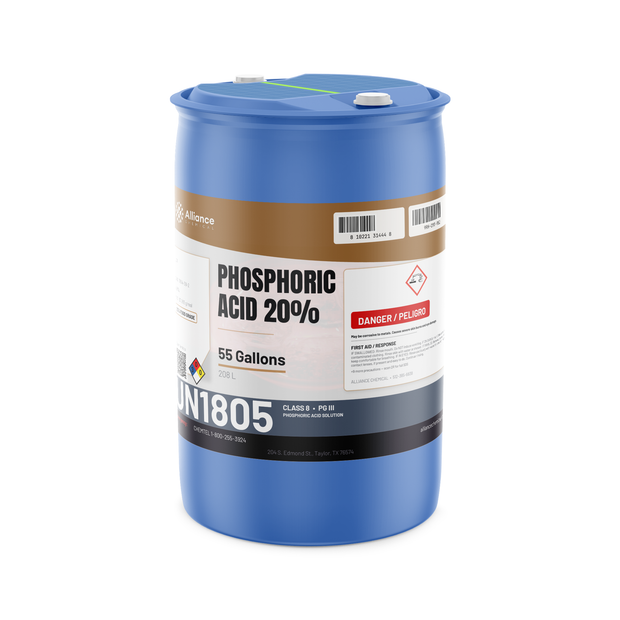 Phosphoric Acid 20% Food Grade in a blue 55-gallon drum for food and beverage processing, Alliance Chemical