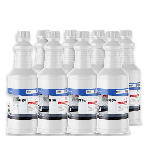 Sodium Hydroxide 15% Technical Grade in eight 1-quart plastic bottles from Alliance Chemical