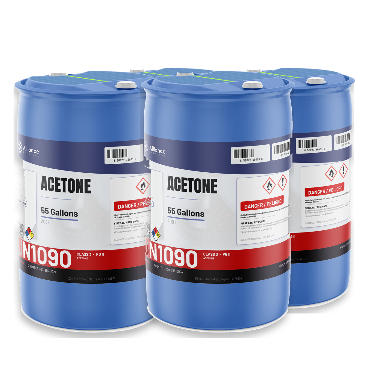 Acetone 99.5% ACS Reagent Grade in four blue 55-gallon drums from Alliance Chemical for precision laboratory cleaning