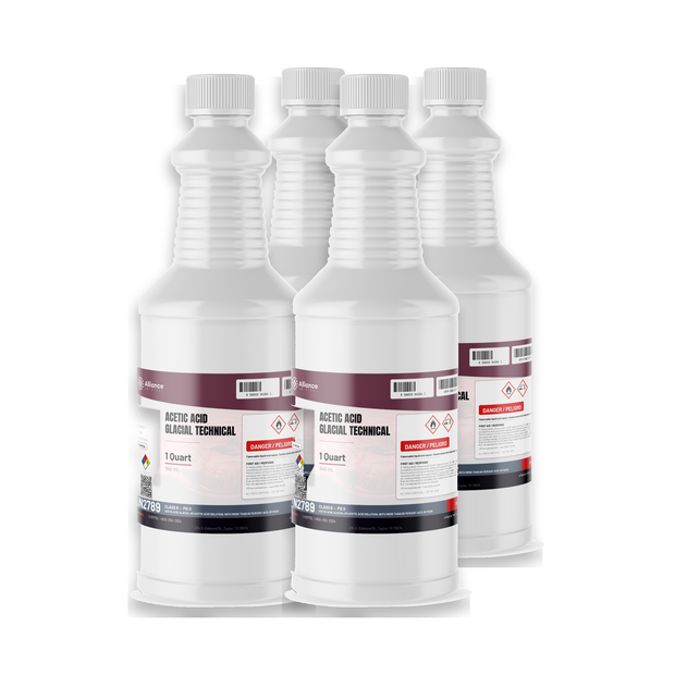 Acetic Acid Glacial Technical Grade in four 1-quart plastic bottles, Alliance Chemical