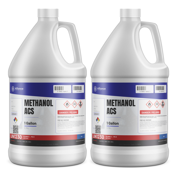 Methanol 99.8% ACS Reagent Grade in two 1-gallon plastic jugs for laboratory analysis from Alliance Chemical