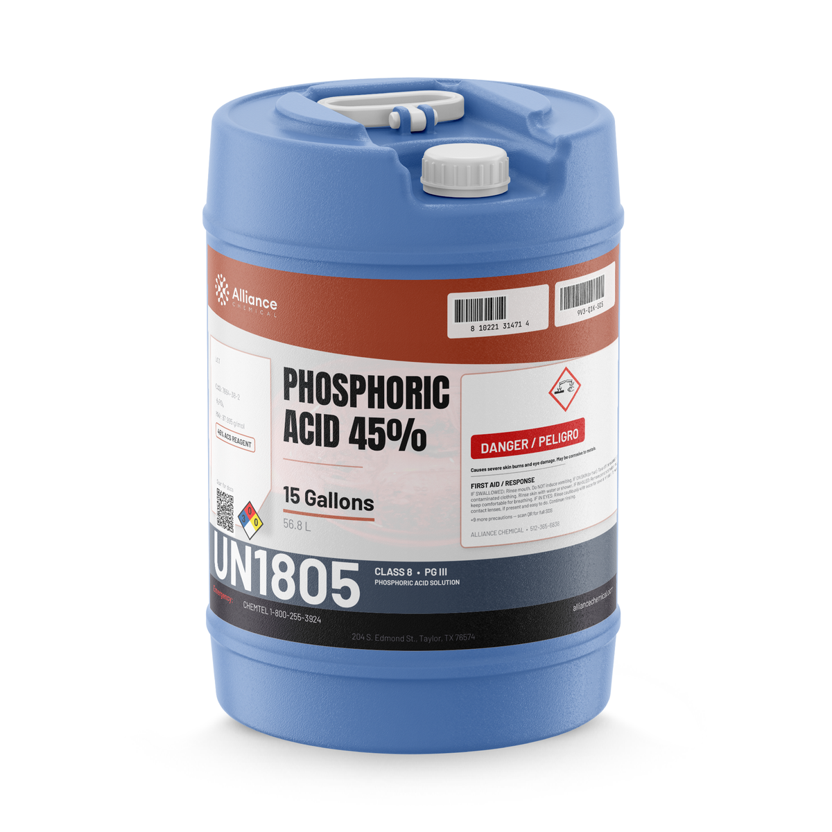 Phosphoric Acid 45% ACS Reagent Grade in a blue 15-gallon plastic carboy, Alliance Chemical