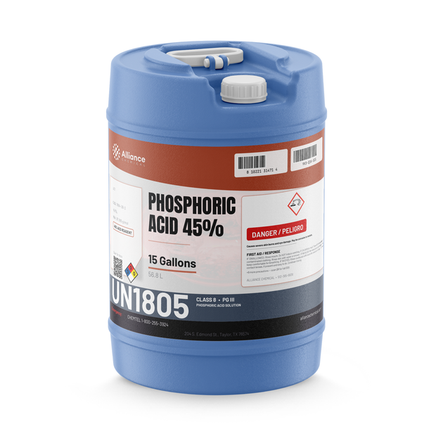 Phosphoric Acid 45% ACS Reagent Grade in a blue 15-gallon plastic carboy, Alliance Chemical