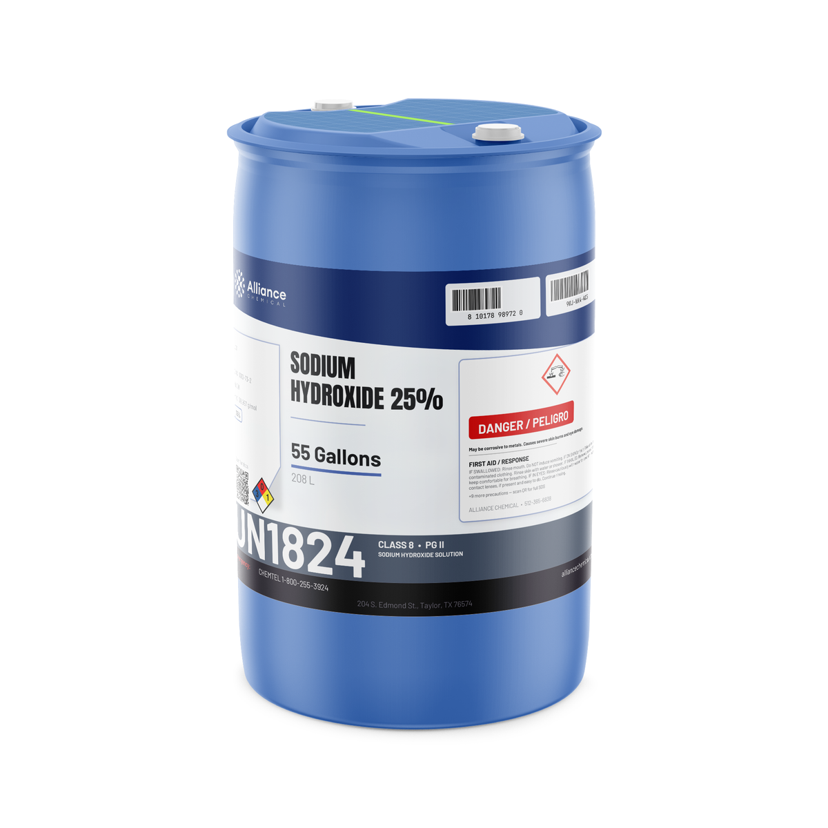 Sodium Hydroxide 25% Technical Grade in a 55-gallon drum, Alliance Chemical for wastewater neutralization