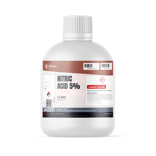 Nitric Acid 5% Technical Grade 1-liter plastic bottle from Alliance Chemical for metal pickling and passivation