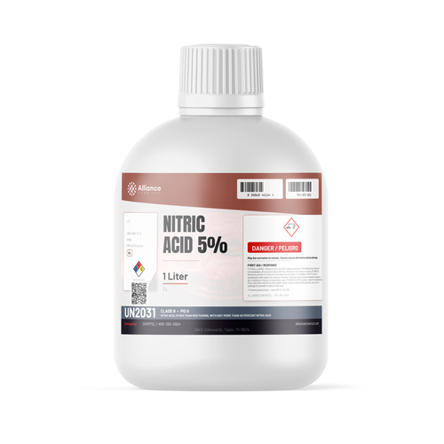 Nitric acid 5% technical grade in a 1-liter plastic bottle by Alliance Chemical for metal pickling and passivation