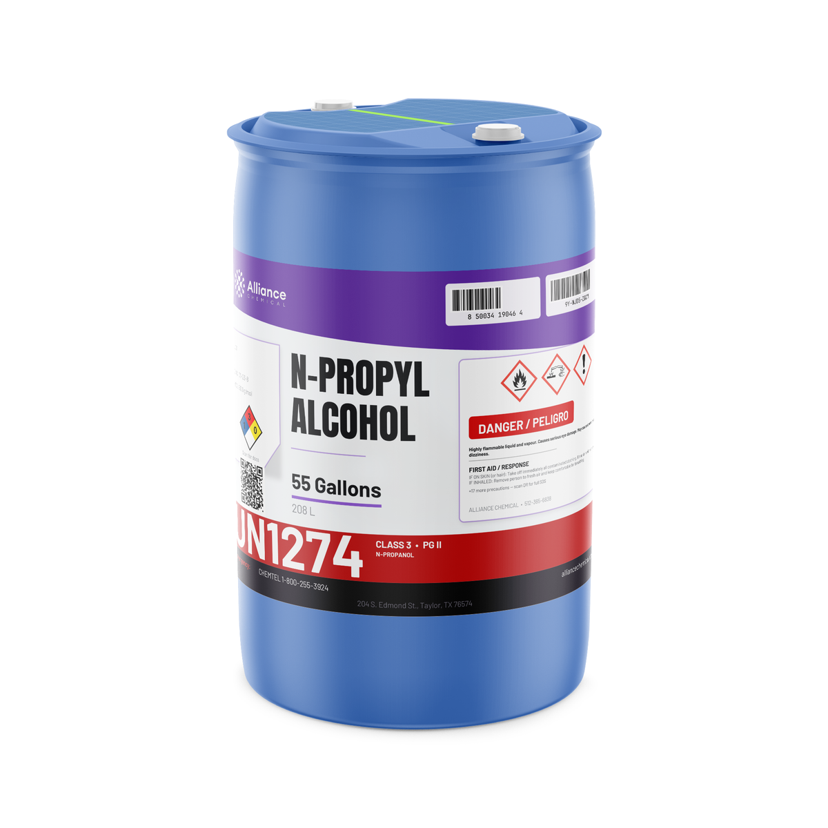 N-Propyl Alcohol 98.8% Technical Grade in a 55-gallon drum for solvent formulations, Alliance Chemical