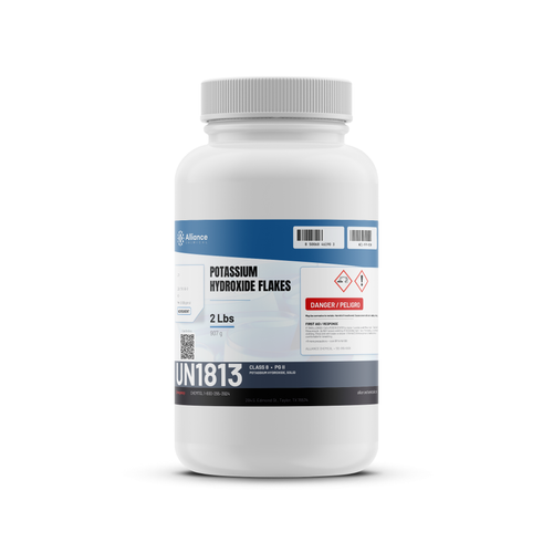 Potassium hydroxide flakes ACS grade in a 2-pound white plastic bottle, Alliance Chemical