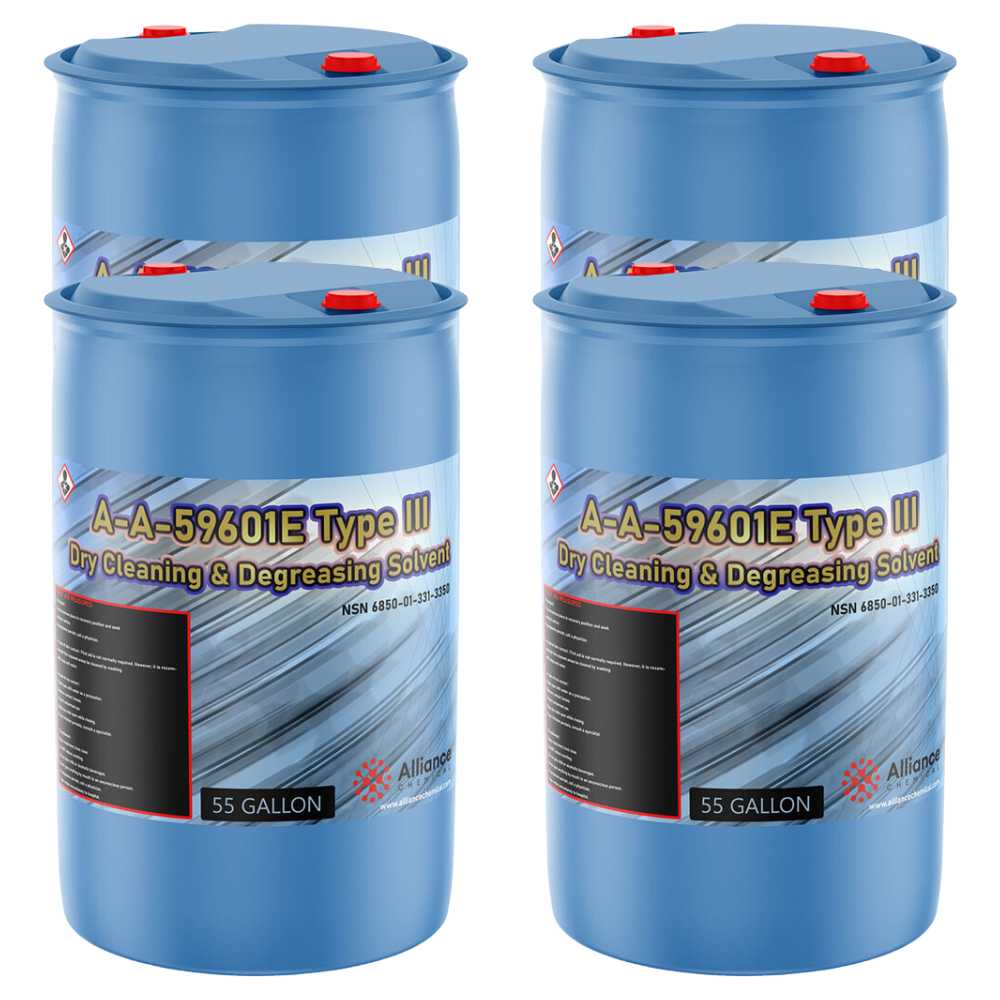 55-gallon blue drums of A-A-59601E Type III dry cleaning & degreasing solvent with hazard warning symbols, red caps, NSN 6850-01-391-3566.