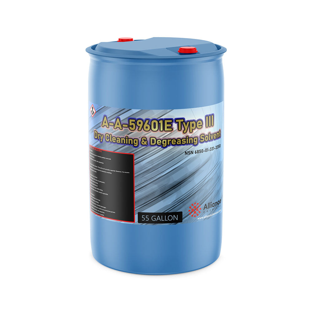 55-gallon blue HDPE drum of A-A-59601E Type III dry cleaning and degreasing solvent with hazard warning label, NSN 6850-01-331-3363.