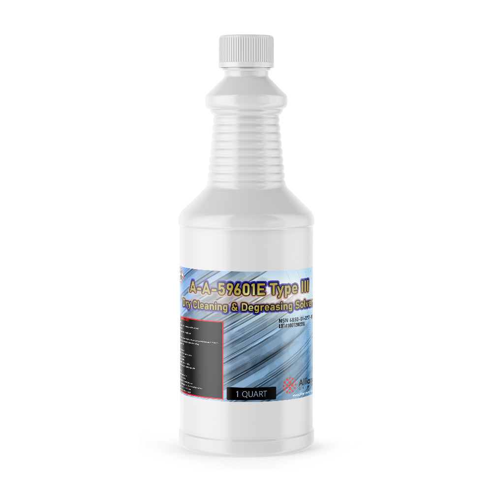 1-quart white HDPE bottle of A-A-59601E Type III dry cleaning and degreasing solvent with ribbed design and NSN 6850-01-474-2.