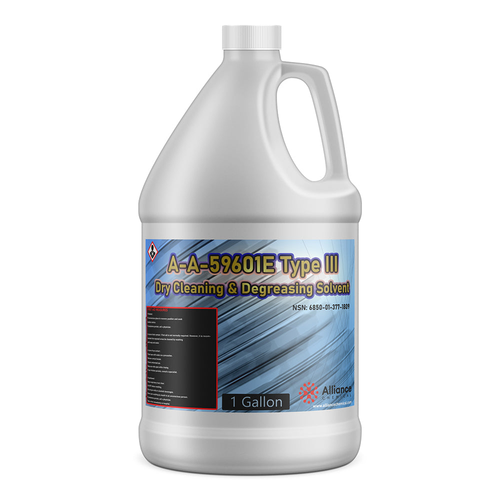 One-gallon industrial dry cleaning and degreasing solvent A-A-59601E Type III in white HDPE container with hazard warning label, NSN: 6850-01-377-1899.