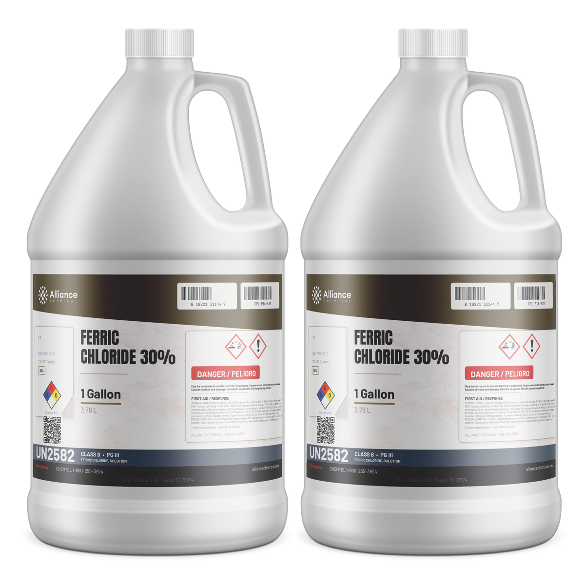 Ferric Chloride 30% Technical Grade solution in two 1-gallon plastic jugs from Alliance Chemical