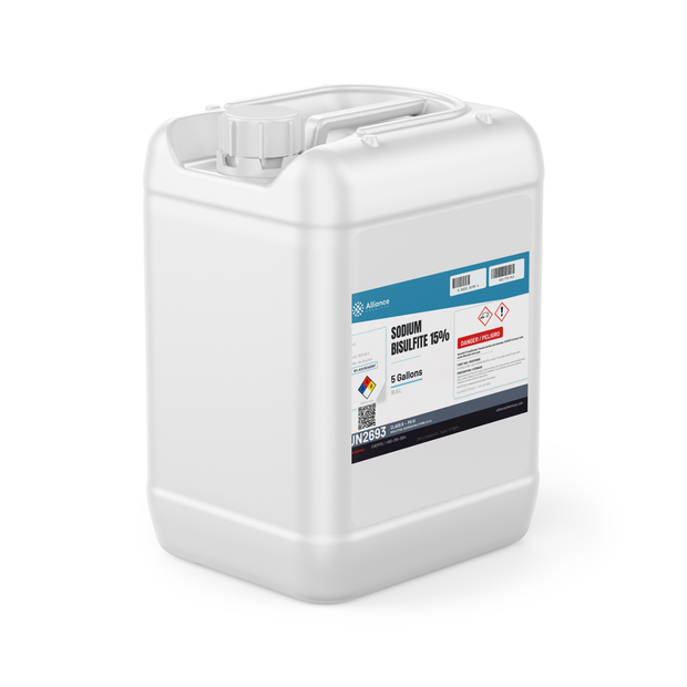 Sodium Bisulfite 15% ACS Reagent Grade in a white 5-gallon jerry can, Alliance Chemical