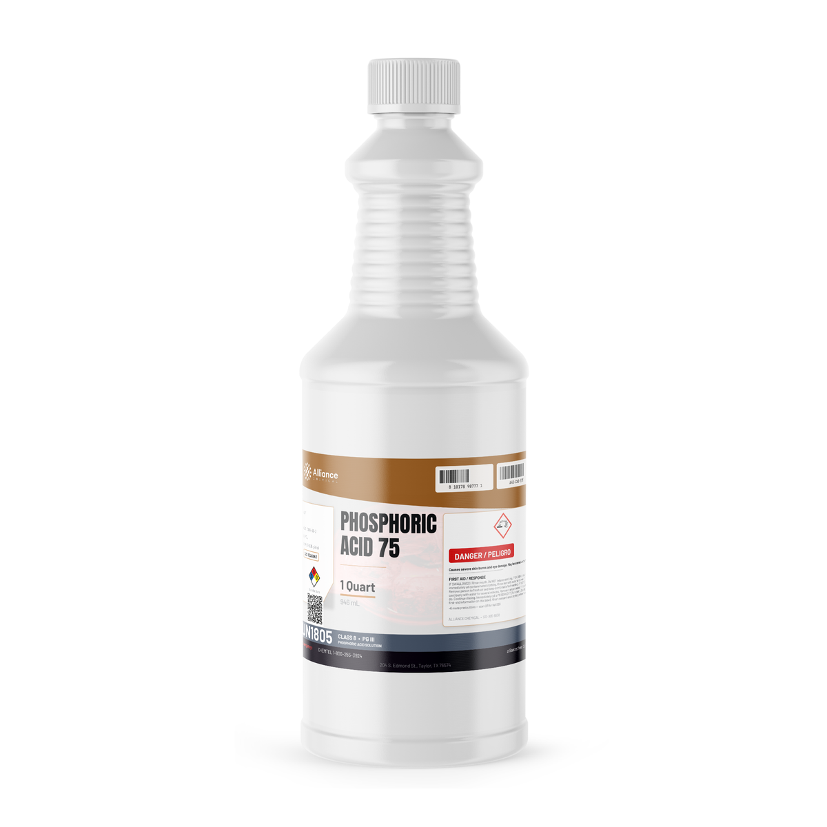 Phosphoric Acid 75% ACS Grade in a 1-quart plastic bottle for metal surface etching from Alliance Chemical