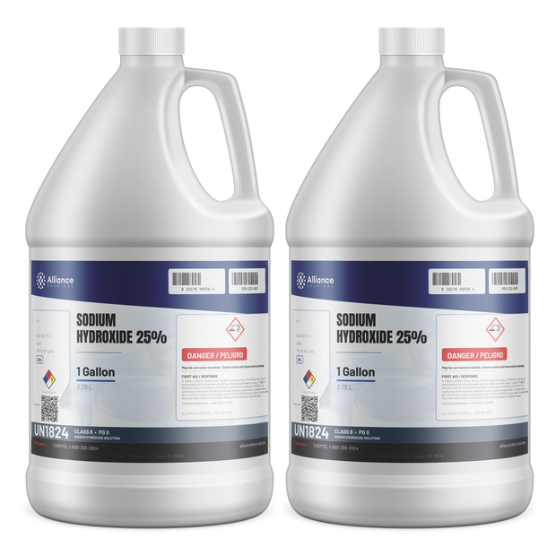 Sodium Hydroxide 25% solution in two 1-gallon plastic jugs from Alliance Chemical for wastewater neutralization