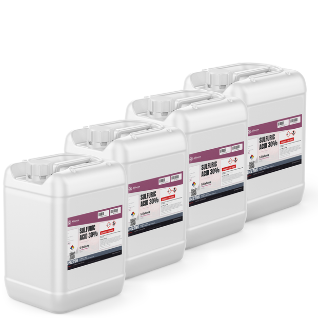 Sulfuric Acid 30% Technical Grade in four 5-gallon pails from Alliance Chemical for wastewater treatment and pH neutralization
