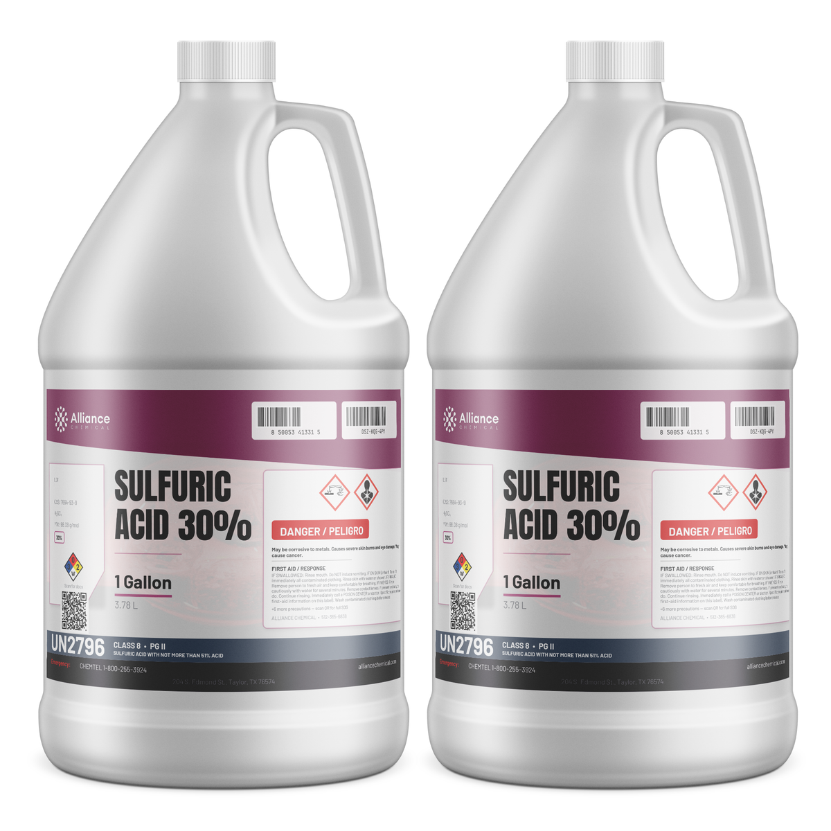 Sulfuric Acid 30% Technical Grade, two 1-gallon plastic jugs, Alliance Chemical for wastewater treatment and metal pickling