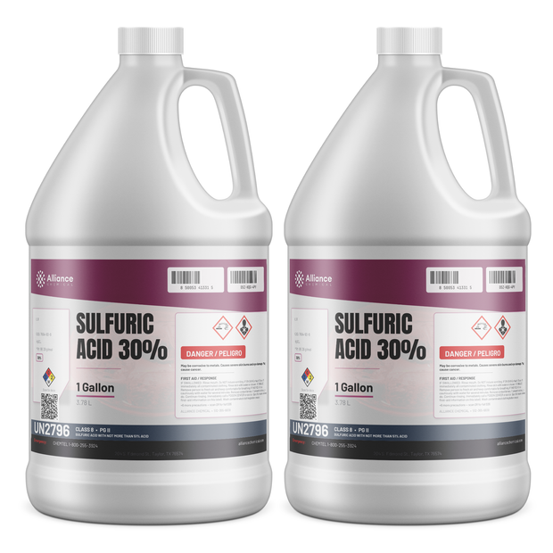 Sulfuric Acid 30% Technical Grade, two 1-gallon plastic jugs, Alliance Chemical for wastewater treatment and metal pickling