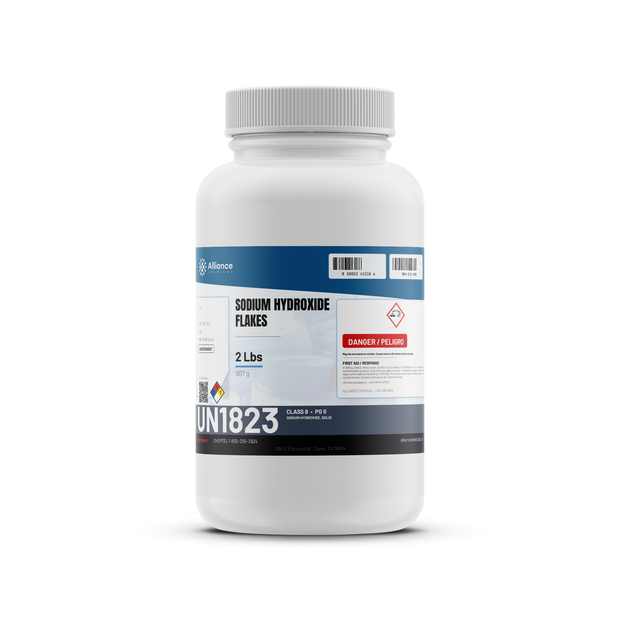 Sodium Hydroxide Flakes ACS Grade in a 2 lb white plastic bottle from Alliance Chemical for chemical synthesis