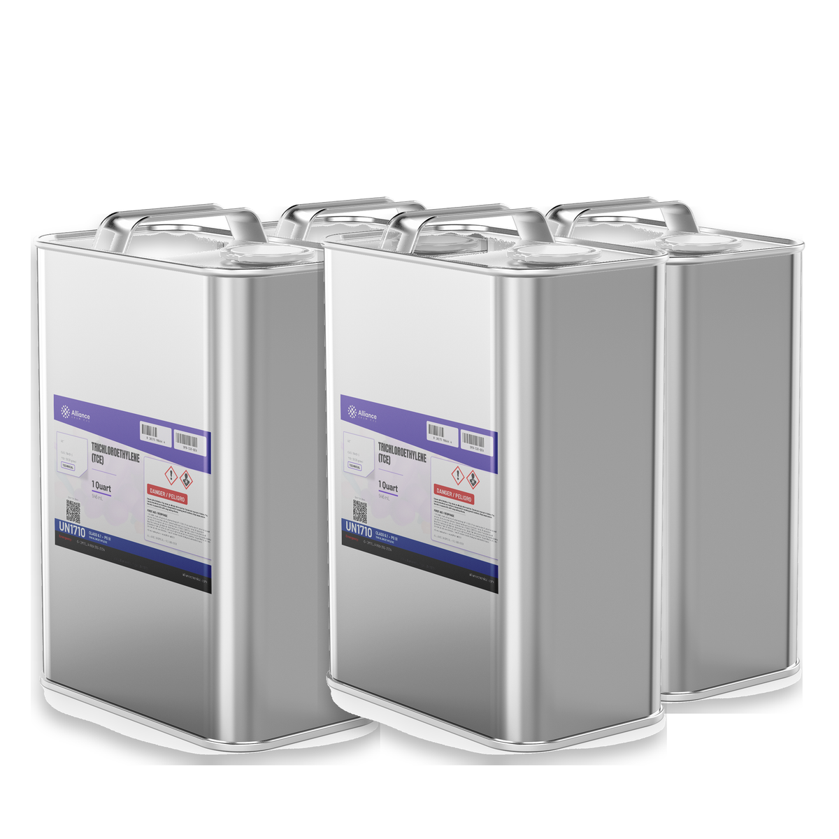 Trichloroethylene Technical Grade in four 1-quart metal cans from Alliance Chemical for vapor degreasing