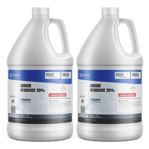 Sodium Hydroxide 20% Technical Grade solution in two 1-gallon plastic jugs by Alliance Chemical