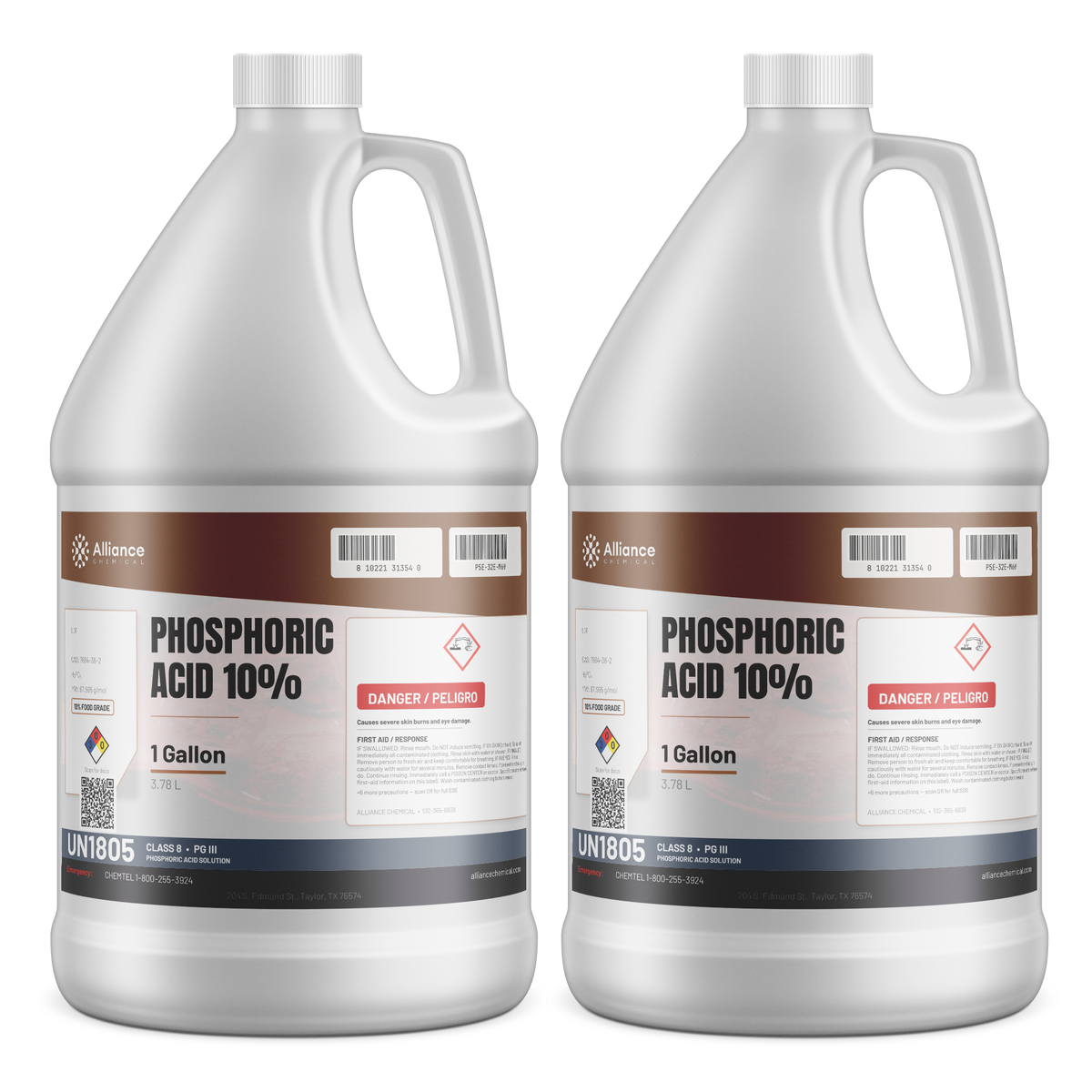 Phosphoric Acid 10% Food Grade in two 1-gallon plastic jugs for food and beverage processing, Alliance Chemical