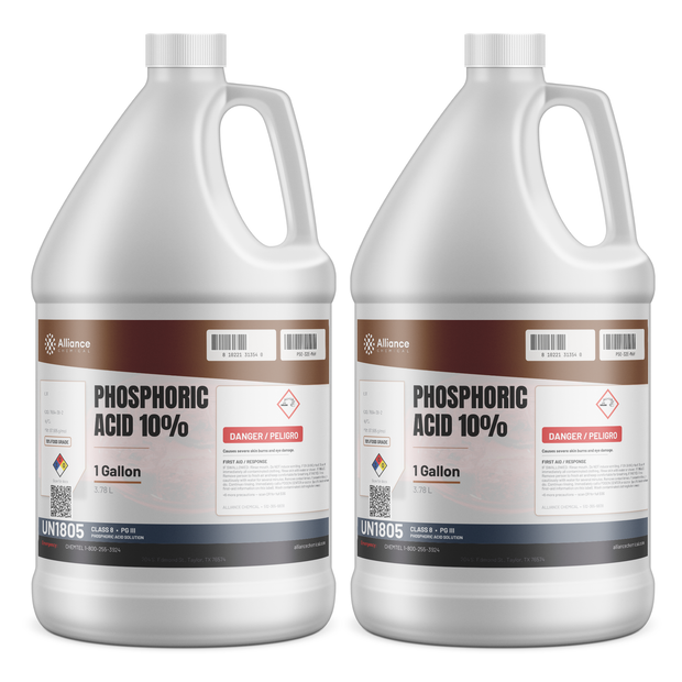 Phosphoric Acid 10% Food Grade in two 1-gallon plastic jugs for food and beverage processing, Alliance Chemical