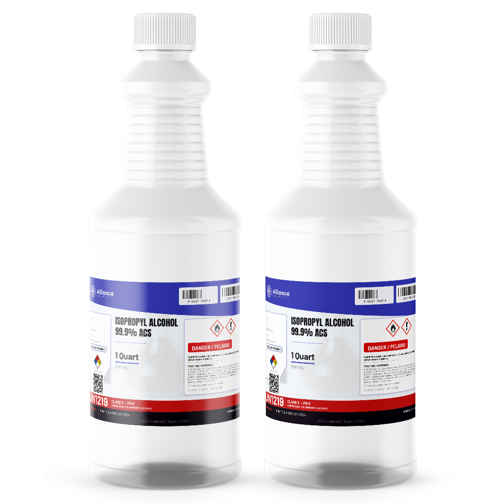 Isopropyl Alcohol 99.9% ACS Reagent Grade in two 1-quart bottles from Alliance Chemical for electronics cleaning
