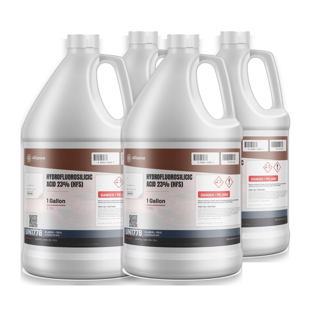 Hydrofluorosilicic Acid 23% Technical Grade in four 1-gallon jugs for water treatment, Alliance Chemical