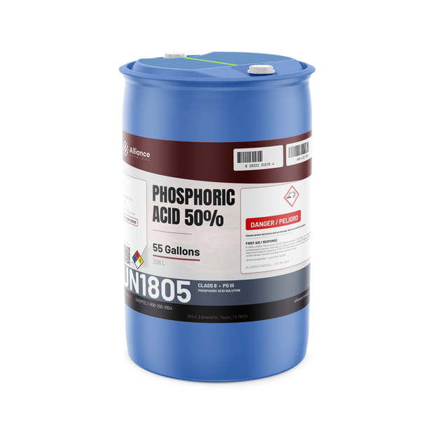 Phosphoric Acid 50% Food Grade in a blue 55-gallon plastic drum from Alliance Chemical