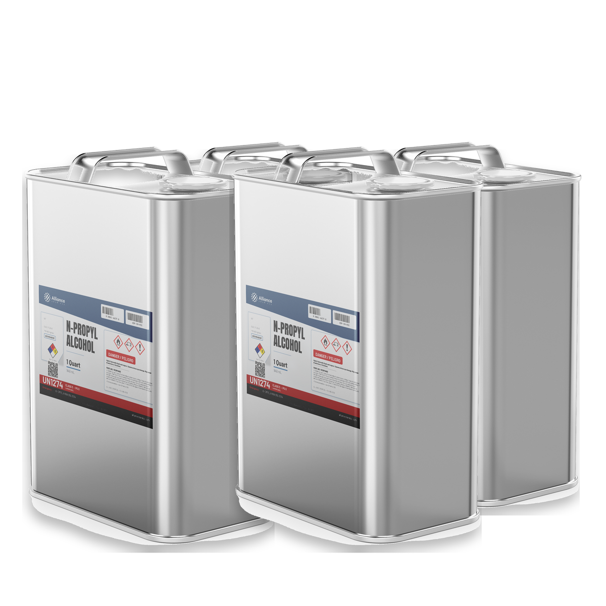N-Propyl Alcohol ACS Reagent Grade in four 1-quart metal cans, Alliance Chemical for analytical chemistry and reagent preparation