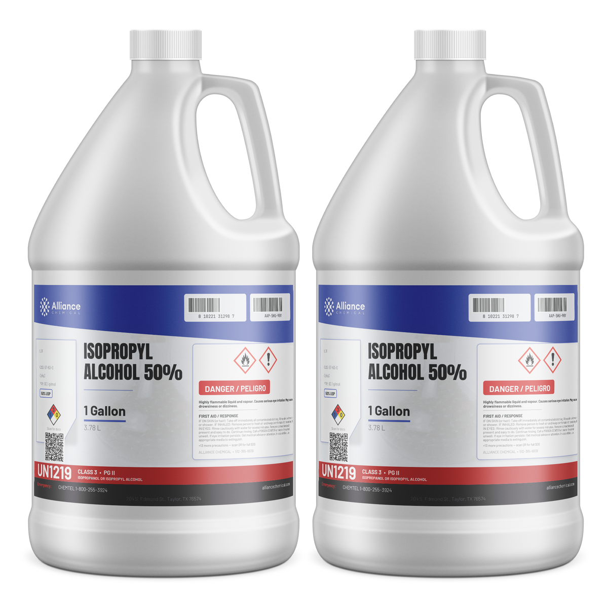 Isopropyl Alcohol 50% USP Grade packaged in two 1-gallon plastic jugs, Alliance Chemical