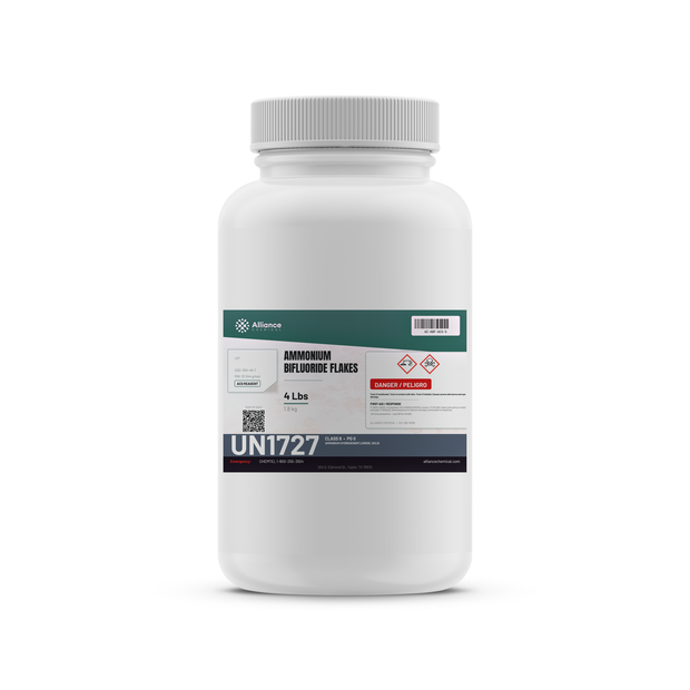 Ammonium Bifluoride Flakes ACS Grade in a 4-lb plastic bottle from Alliance Chemical for glass etching and metal finishing