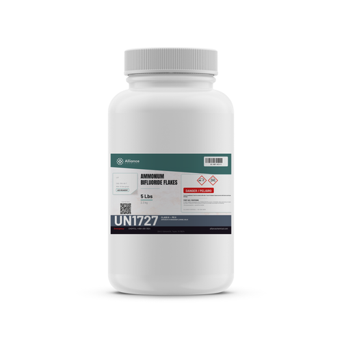 Ammonium Bifluoride Flakes ACS Grade in a 5-lb plastic bottle from Alliance Chemical for glass etching and metal finishing