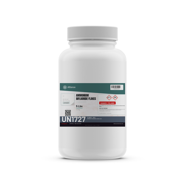Ammonium Bifluoride Flakes ACS Grade in a 5-lb plastic bottle from Alliance Chemical for glass etching and metal finishing