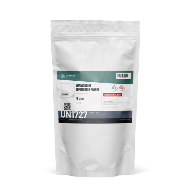 Ammonium Bifluoride ACS Reagent Grade flakes in a 5-pound resealable pouch for glass etching and metal finishing, Alliance Chemical