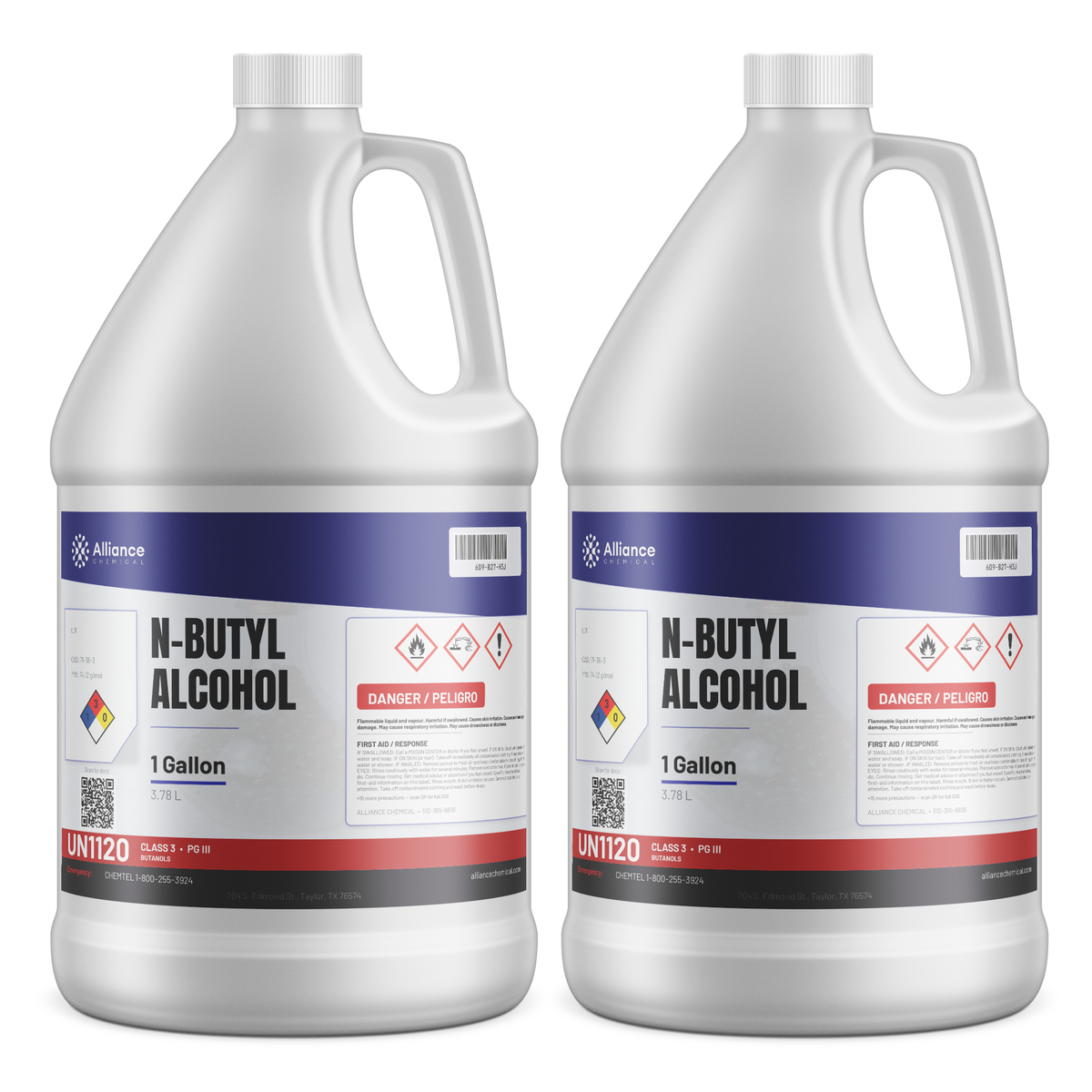 N-Butyl Alcohol Technical Grade, two 1-gallon plastic jugs, Alliance Chemical for industrial ester and solvent synthesis