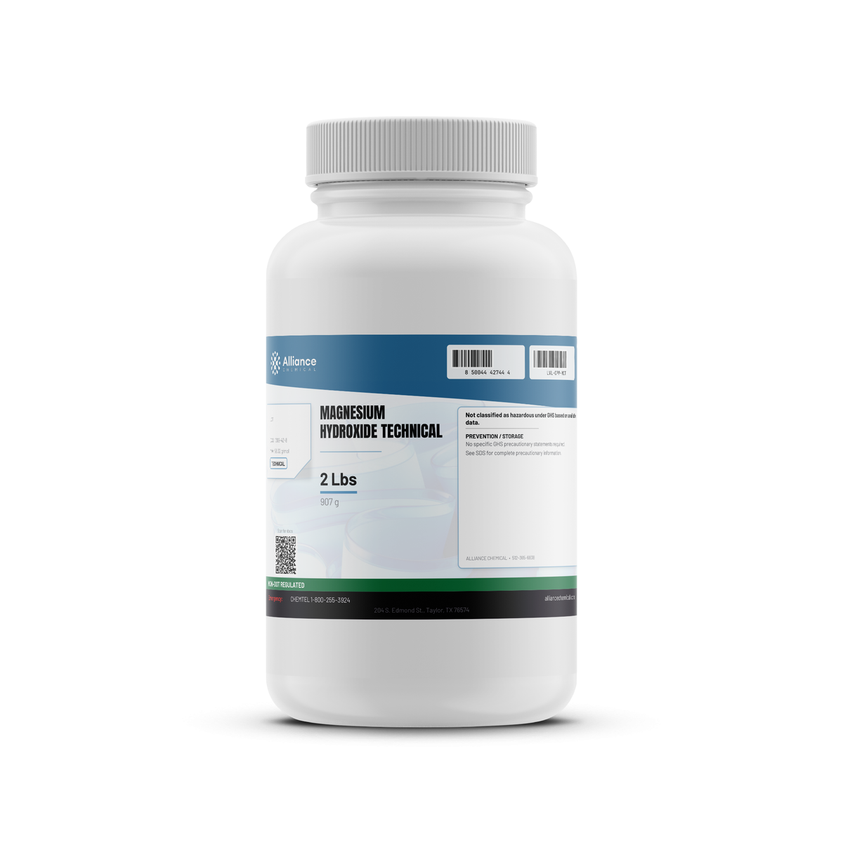 Magnesium Hydroxide Technical Grade in a 2-lb white plastic bottle from Alliance Chemical