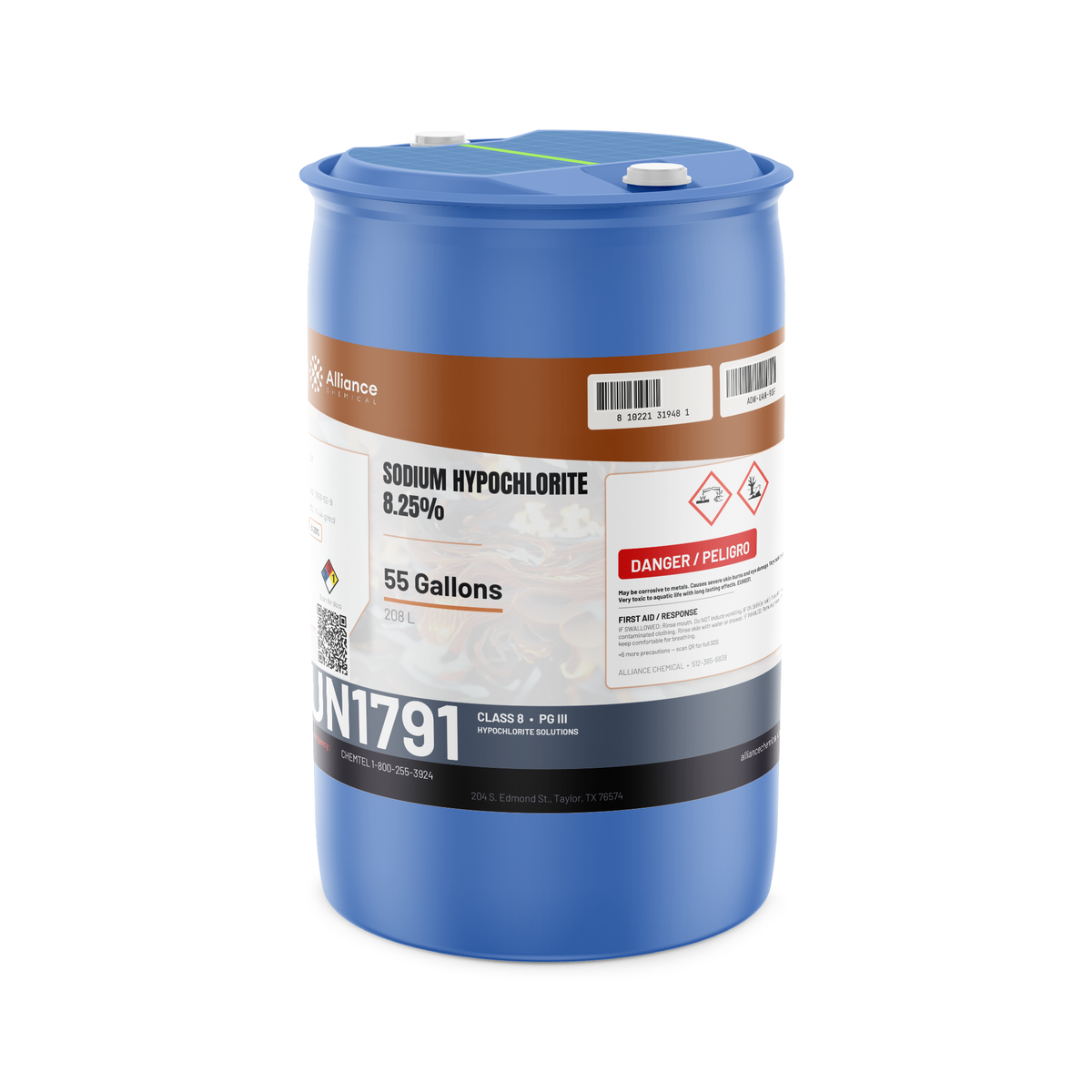 Sodium Hypochlorite 8.25% Technical Grade in a 55-gallon blue drum, Alliance Chemical